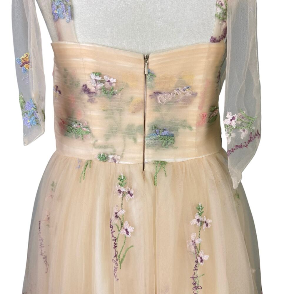 Neutral Cream Tulle Tie Straps Long A Line Flower Embroidered Prom Formal Dress - Picture 8 of 13